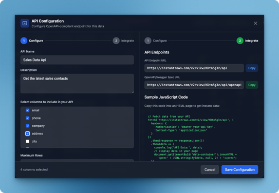 InstantRows API configuration modal with endpoint preview and column selection