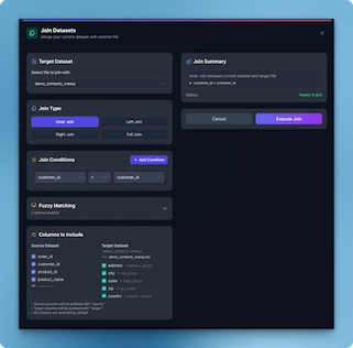 Join modal preview demonstrating column matching between datasets