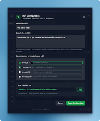 MCP tool configuration modal highlighting selectable columns