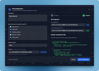 API configuration modal showing generated endpoints and sample code