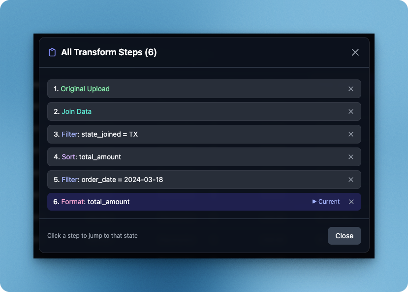 Transform history drawer showing step navigation in InstantRows